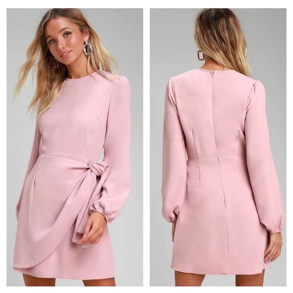 Lulu's Believe It or Knot Rose Pink Long Sleeve Tie-Front Skater Dress - Picture 1 of 8